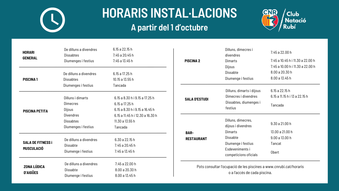 Nous horaris instal·lacions des de l’1 d’octubre de 2024