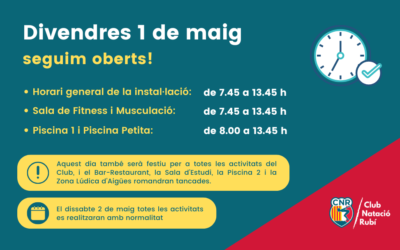 Horari especial de les instal·lacions el proper divendres 1 de maig