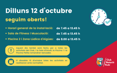 Horari especial de les instal·lacions el proper dilluns 12 d’octubre